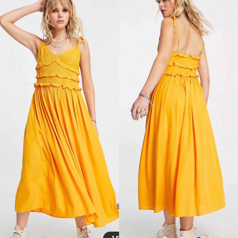 Topshop Shirred Ruffle Sleeveless Midi dress Ochre Size 10